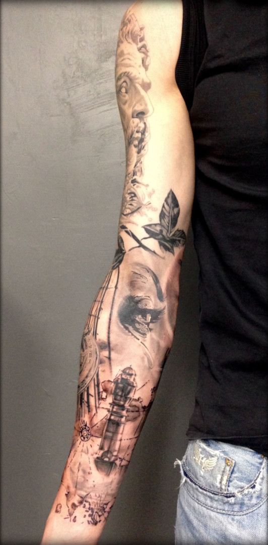 Full arm realistic lady portrait tattoo by Virginie Tatouage