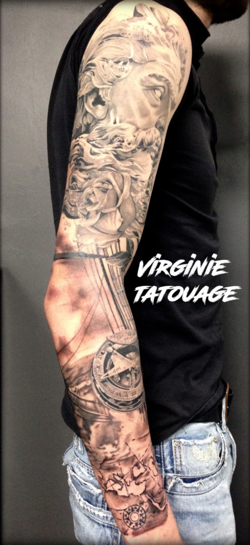 Full arm realistic black and grey tattoo by Virginie Tatouage