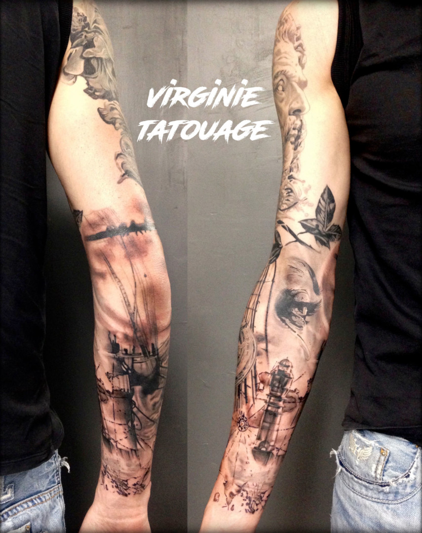 Full arm realistic portrait tattoo by Virginie Tatouage