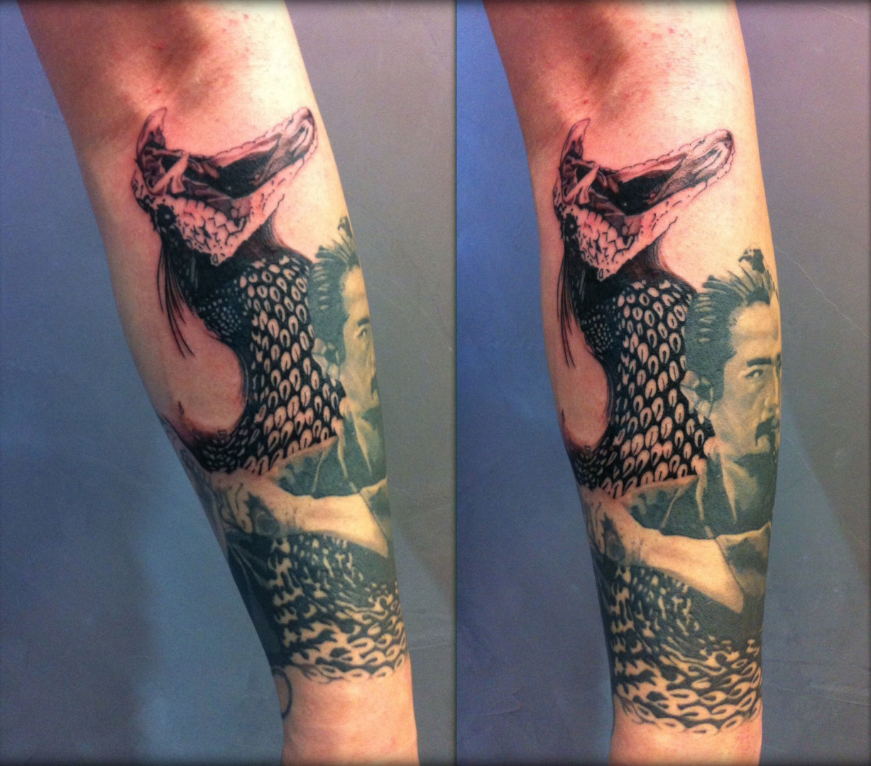 Snake and samouraï tattoo by Virginie Tatouage Strasbourg